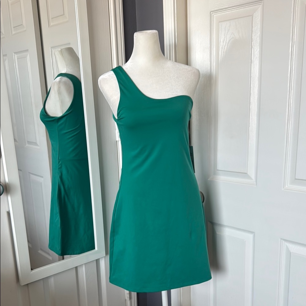 Girlfriend Collective Green One-Shoulder Sports Dress